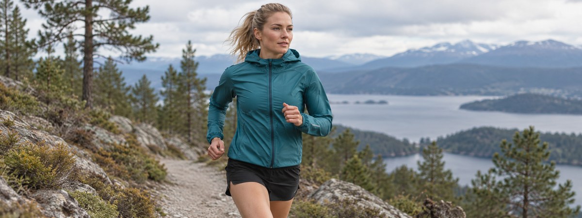 European female trail runner in a teal light jacket moving along an upland path