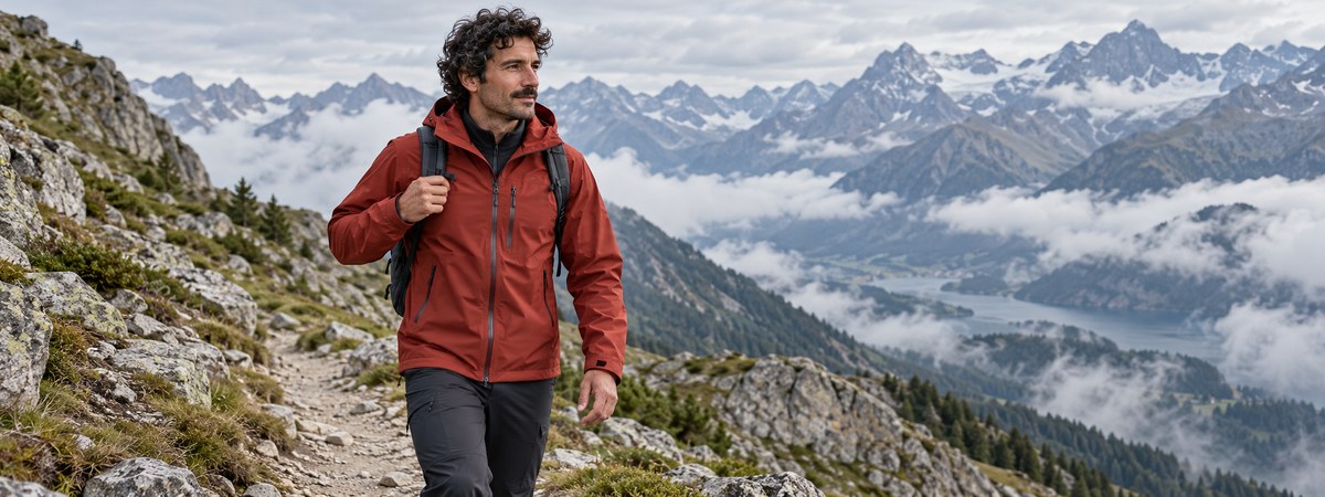 European male hiker in a burnt-red hardshell checking movement with a backpack