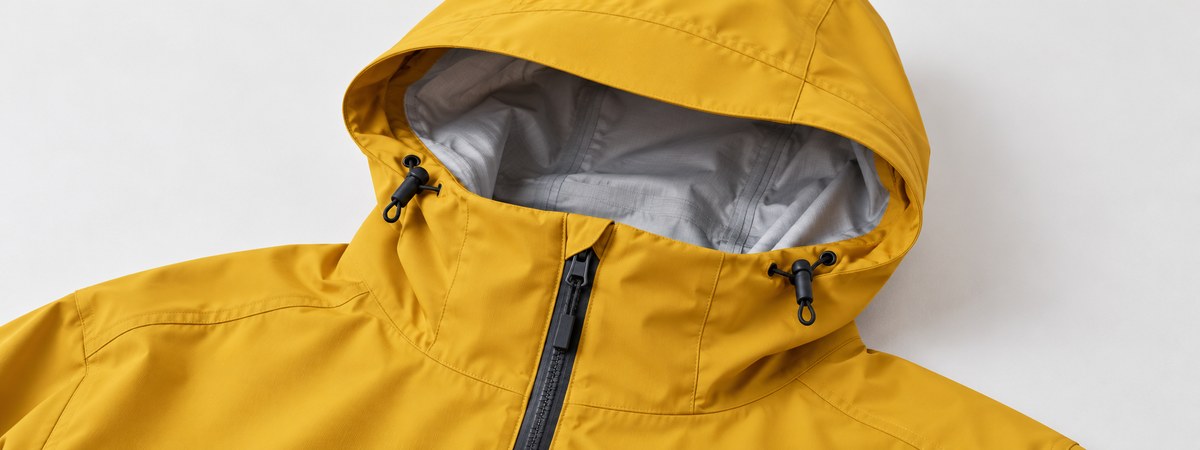 Mustard hardshell hood with brim, drawcords and coated front zipper garage