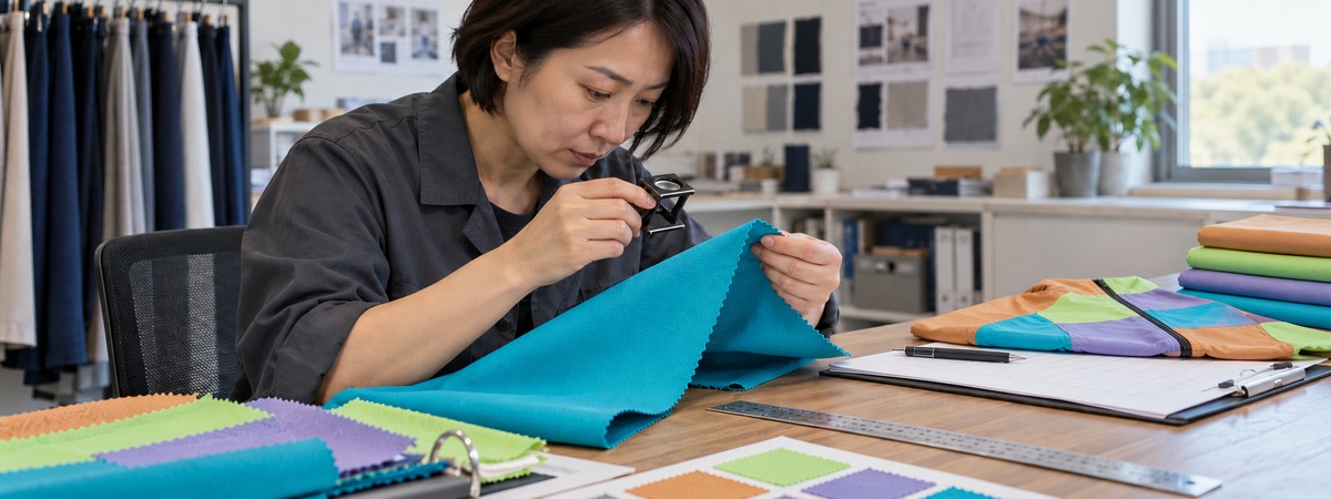 Textile technician checking turquoise fabric beside tan, lime and lavender swatches