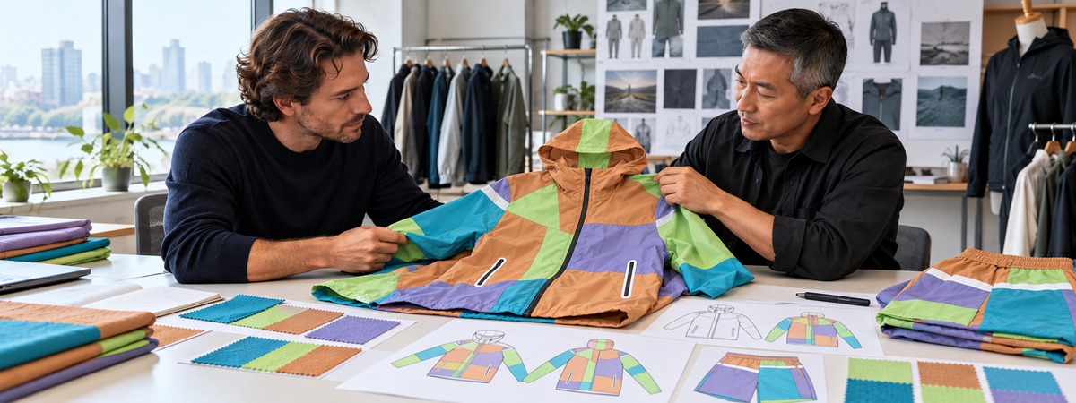 Brand developer and garment technician reviewing a color-block hooded jacket and matching shorts