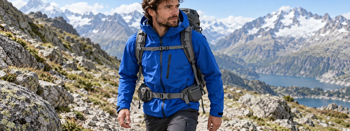 Blue mountaineering shell pocket positioned above a backpack hip belt