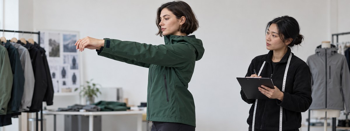 European female fit model reaching forward in a green shell as a Chinese technician reviews sleeve fit
