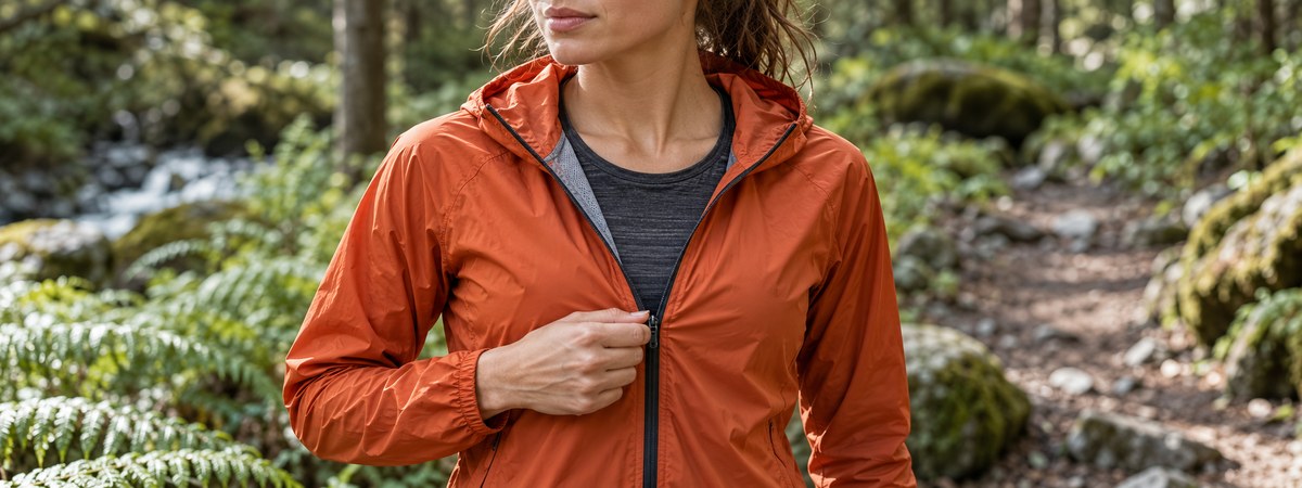 Front zipper opening on an orange lightweight shell