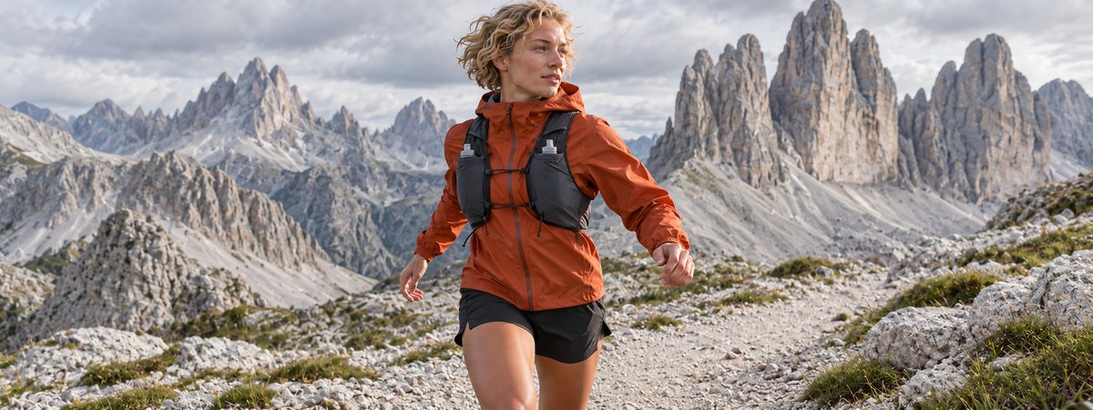 Female trail runner wearing an orange shell beneath a small running vest