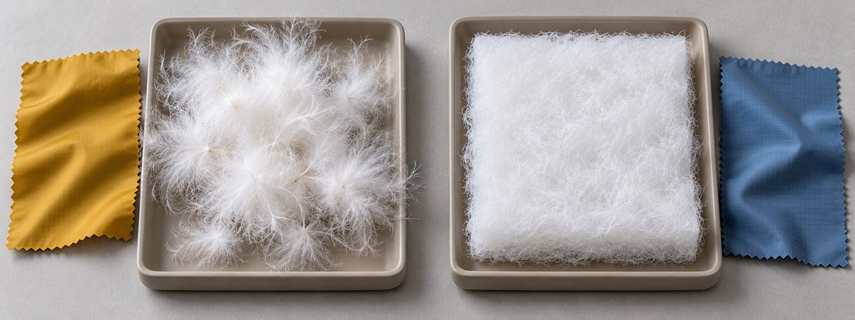 White down clusters and synthetic insulation batting shown separately with shell swatches