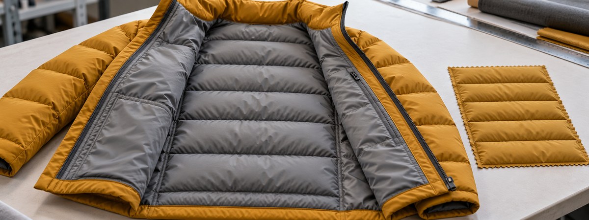 Quilted ochre jacket interior and matching chamber construction swatch