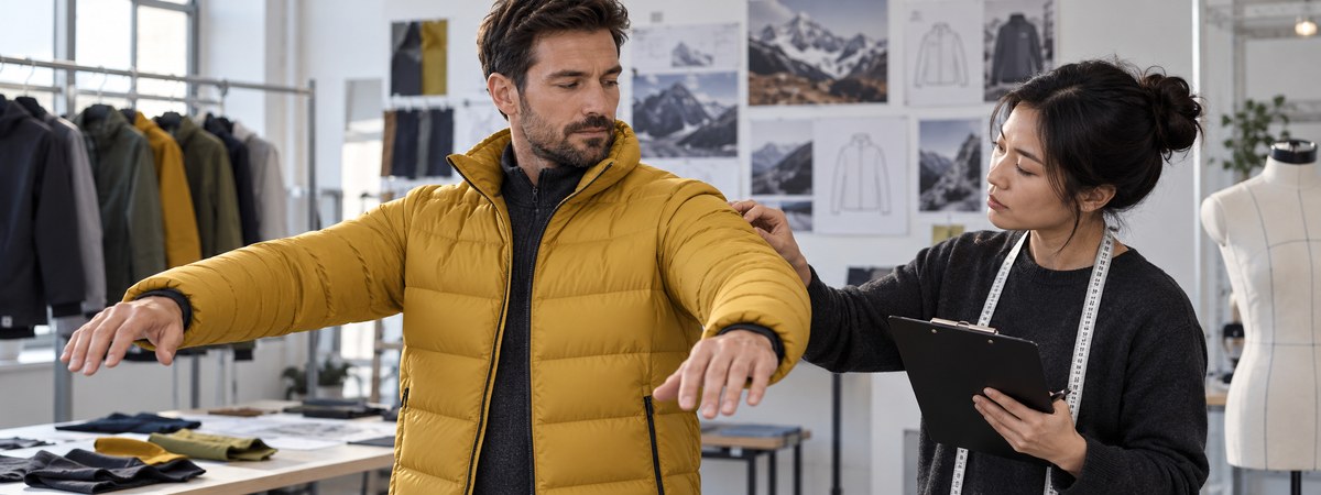 European male model reaching forward in an ochre puffer as a Chinese technician assesses fit