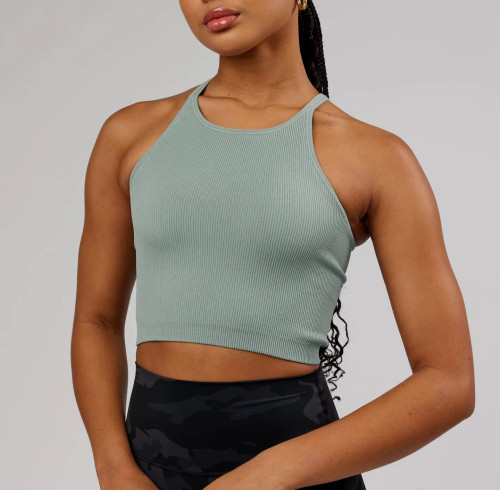 OEM Women’s  Padded Ribbed Crop Tank Top – Breathable Knitted Yoga & Workout Sports Bra