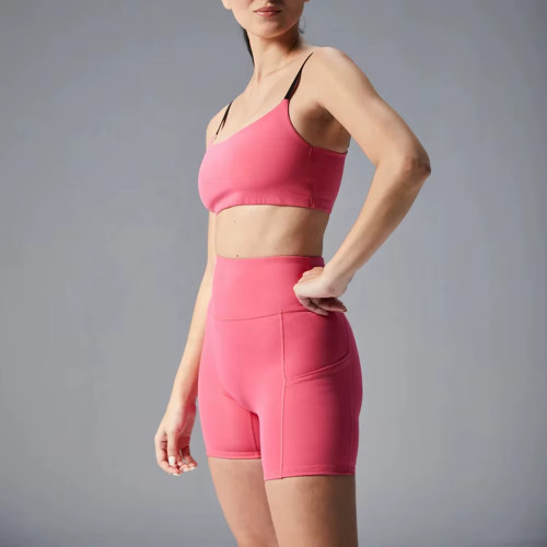 Women’s Pink Yoga Shorts – Stretchy Sustainable Sports Shorts with Zipper & Side Pockets