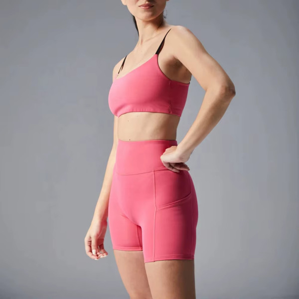 Women’s Pink Yoga Shorts – Stretchy Sustainable Sports Shorts with Zipper & Side Pockets