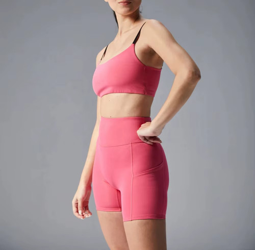 Women’s Pink Yoga Shorts – Stretchy Sustainable Sports Shorts with Zipper & Side Pockets