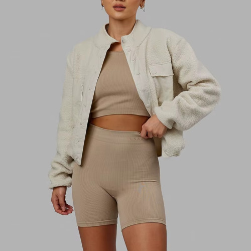 Women's Winter Sherpa Fleece Jacket – Warm Stand Neck Bomber Fitness Outerwear with Buttons