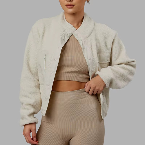 Women's Winter Sherpa Fleece Jacket – Warm Stand Neck Bomber Fitness Outerwear with Buttons
