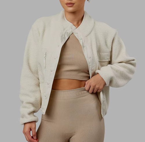 Women's Winter Sherpa Fleece Jacket – Warm Stand Neck Bomber Fitness Outerwear with Buttons