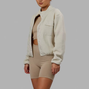 Women's Winter Sherpa Fleece Jacket – Warm Stand Neck Bomber Fitness Outerwear with Buttons
