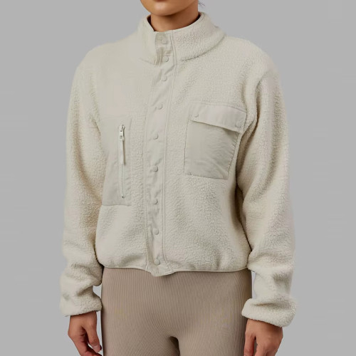 Women's Winter Sherpa Fleece Jacket – Warm Stand Neck Bomber Fitness Outerwear with Buttons