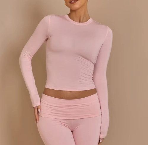 Women’s Crop Top | Long Sleeve Round Neck Quick Dry Gym Top | Fitted Pink Activewear
