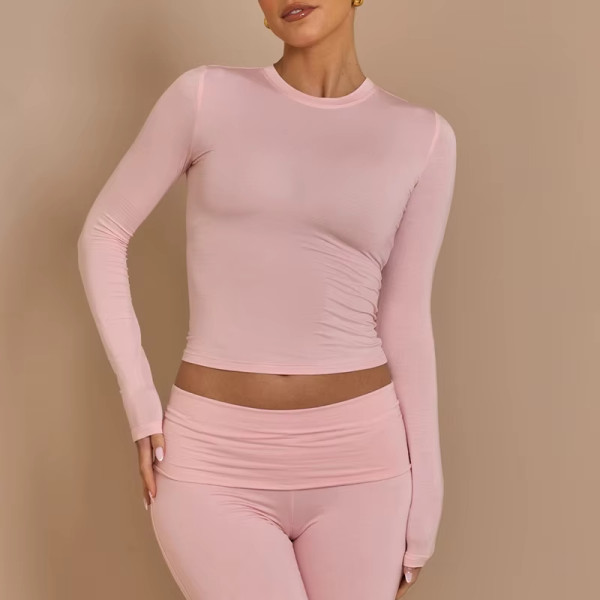 Custom Women's Quick Dry Crop Top | Long Sleeve Round Neck Quick Dry Gym Top | Fitted Pink Activewear
