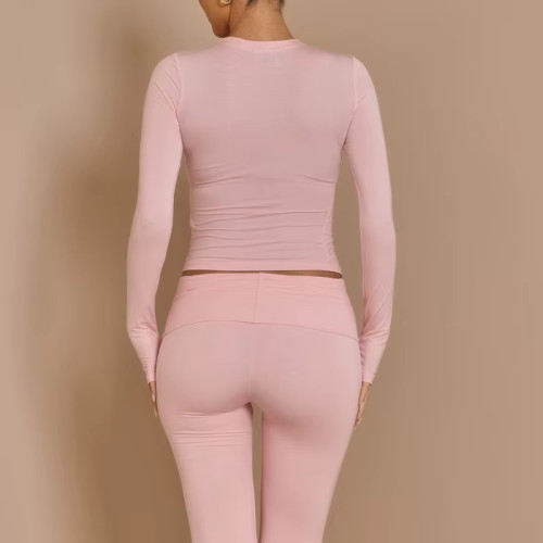 Women’s Crop Top | Long Sleeve Round Neck Quick Dry Gym Top | Fitted Pink Activewear