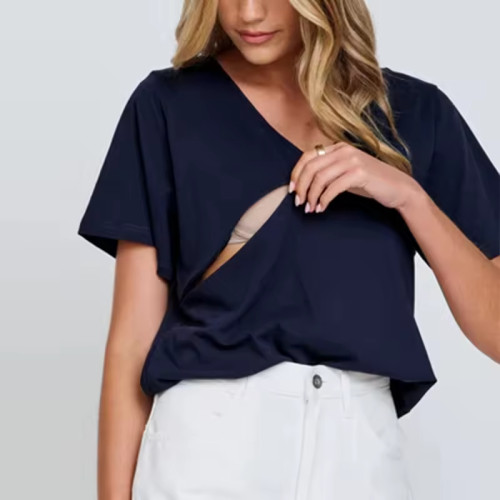Women’s Nursing T-Shirt | V Neck Cotton Tee with Invisible Zipper | Custom Logo Breastfeeding Top