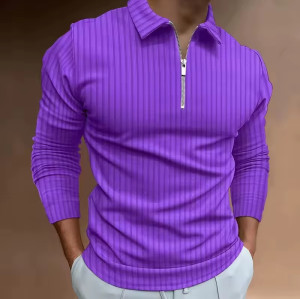 Custom Men’s Polo Shirt | Knitted Vintage Striped Long Sleeve | Quarter Zipper Lapel Golf Sport Top