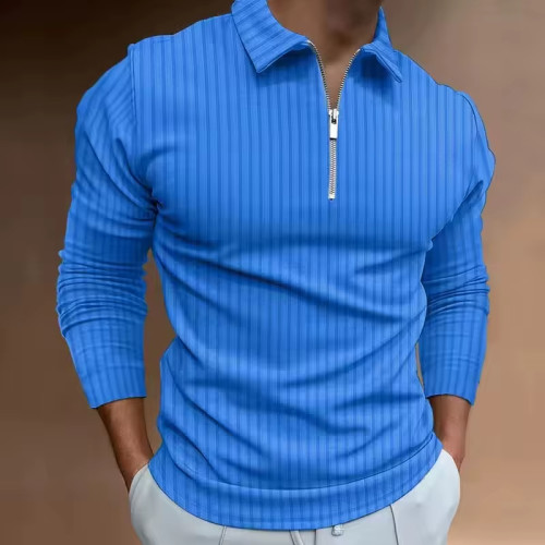Custom Men’s Polo Shirt | Knitted Vintage Striped Long Sleeve | Quarter Zipper Lapel Golf Sport Top