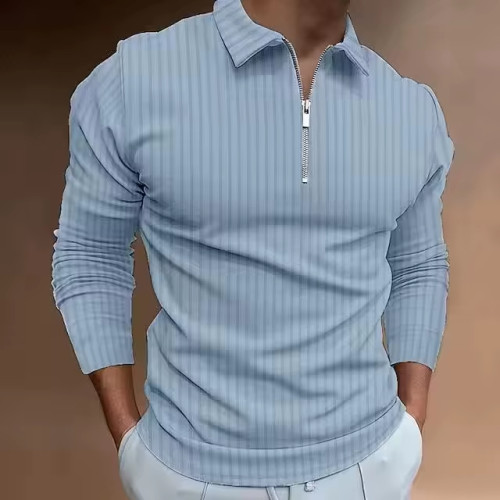 Custom Men’s Polo Shirt | Knitted Vintage Striped Long Sleeve | Quarter Zipper Lapel Golf Sport Top