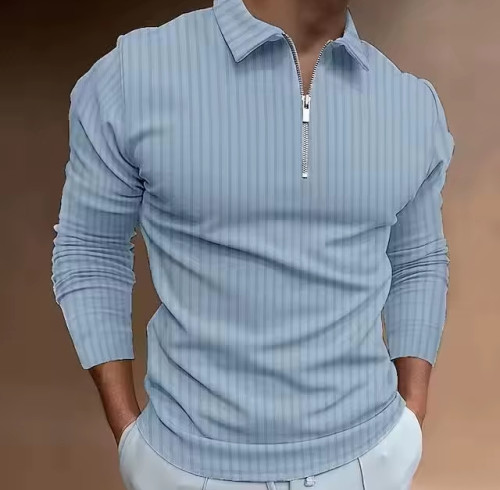 Custom Men’s Polo Shirt | Knitted Vintage Striped Long Sleeve | Quarter Zipper Lapel Golf Sport Top
