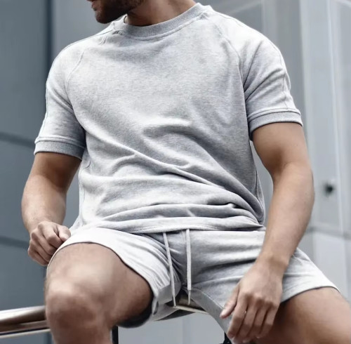 Custom Men's Summer Tracksuit | Breathable Cotton T-Shirt & Striped Shorts | OEM 2-Piece Fitness Set