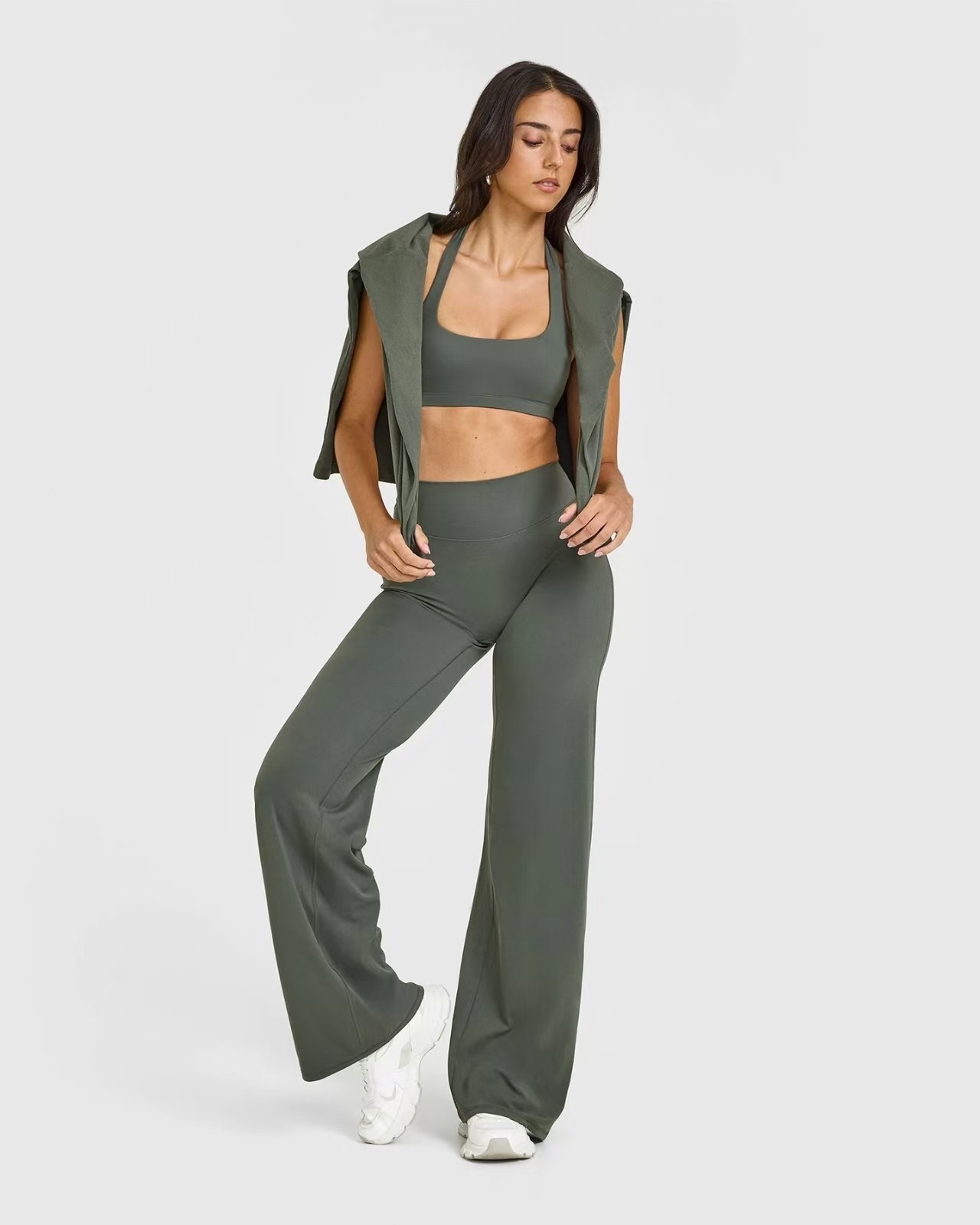 Custom Dark Khaki Wide Leg Leggings with straight leg bottoms