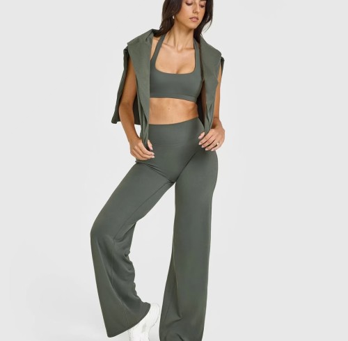 Custom Dark Khaki Wide Leg Leggings | Straight Leg Bottoms for Yoga & Gym | Comfortable Activewear