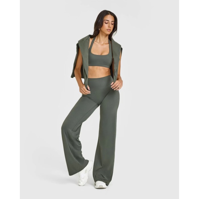 Custom Dark Khaki Wide Leg Leggings | Straight Leg Bottoms for Yoga & Gym | Comfortable Activewear