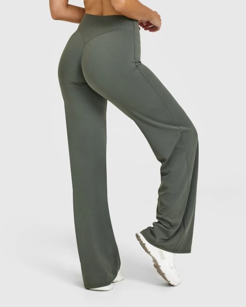 Custom Dark Khaki Wide Leg Leggings | Straight Leg Bottoms for Yoga & Gym | Comfortable Activewear