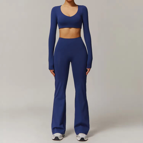 OEM Women's Yoga Set | High Waist Quick Dry Shorts Set | Long Sleeve Crop Top with Flared Pants & Scrunch Butt