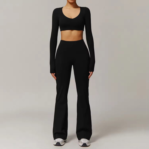 OEM Women's Yoga Set | High Waist Quick Dry Shorts Set | Long Sleeve Crop Top with Flared Pants & Scrunch Butt