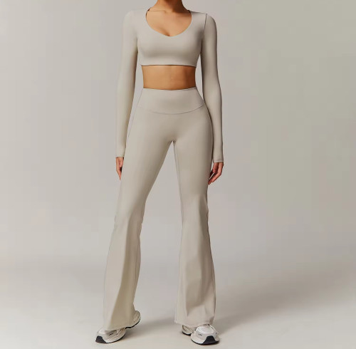 OEM Women's Yoga Set | High Waist Quick Dry Shorts Set | Long Sleeve Crop Top with Flared Pants & Scrunch Butt