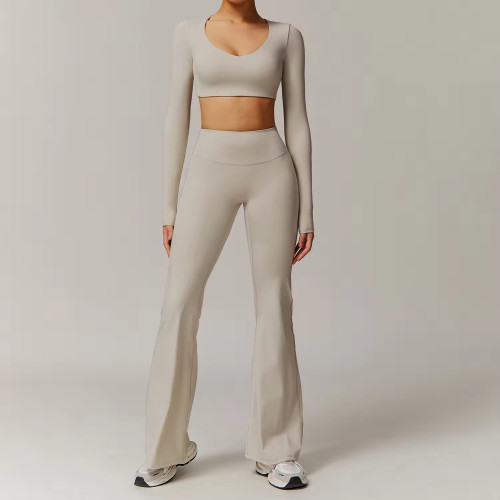 OEM Women's Yoga Set | High Waist Quick Dry Shorts Set | Long Sleeve Crop Top with Flared Pants & Scrunch Butt