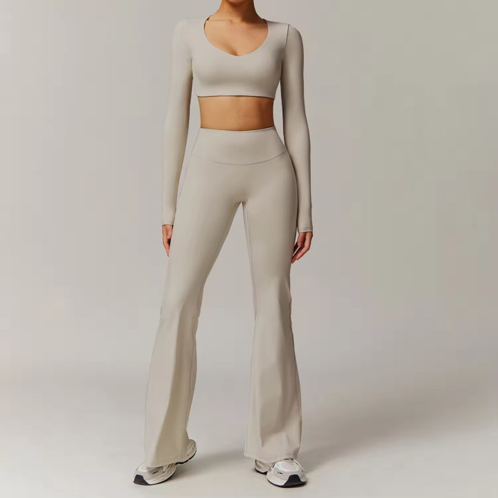OEM Women's Yoga Set | High Waist Quick Dry Shorts Set | Long Sleeve Crop Top with Flared Pants & Scrunch Butt