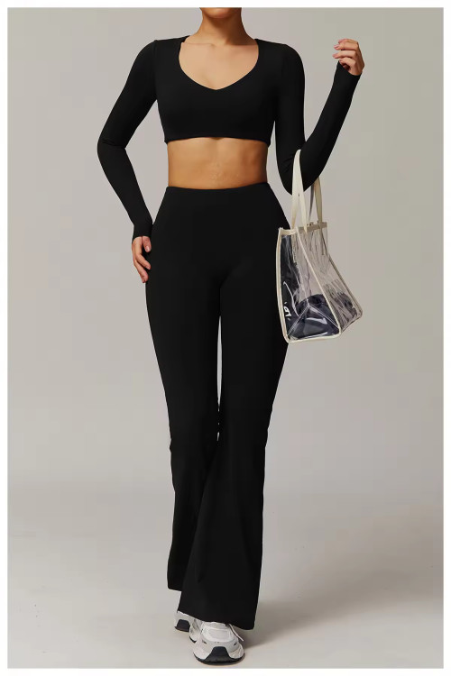 OEM Women's Yoga Set | High Waist Quick Dry Shorts Set | Long Sleeve Crop Top with Flared Pants & Scrunch Butt