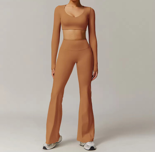 OEM Women's Yoga Set | High Waist Quick Dry Shorts Set | Long Sleeve Crop Top with Flared Pants & Scrunch Butt