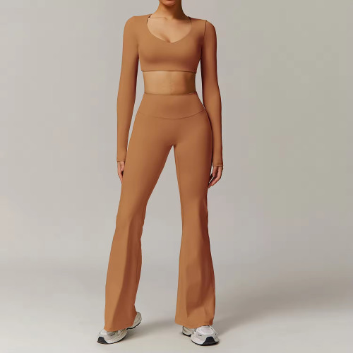 OEM Women's Yoga Set | High Waist Quick Dry Shorts Set | Long Sleeve Crop Top with Flared Pants & Scrunch Butt