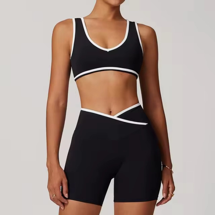 Custom Color Contrast 2-Piece Yoga Set | Sleeveless Sports Bra & Workout Shorts with Wide Straps
