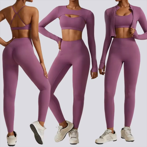 Custom 4-Piece Women's Gym Set | Sports Bra, Long Sleeve Crop Top, Zip-Up Yoga Jacket & Leggings