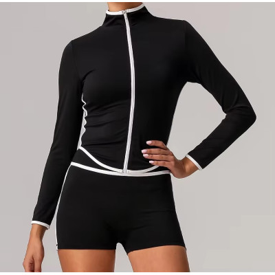 Chaqueta de yoga para mujer con control de abdomen | Top deportivo de manga larga con cremallera y alta elasticidad, con orificios para los pulgares | Tallas grandes para fitness (OEM)