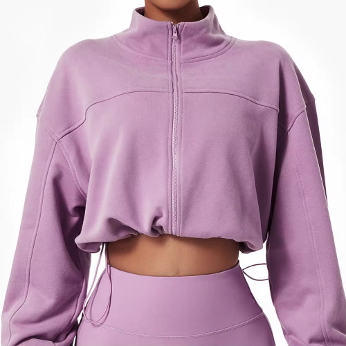 Custom Women's Crop Pullover | French Terry Zip-Up Sweatshirt with Drawstring Waist