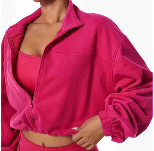 Custom Women's Crop Pullover | French Terry Zip-Up Sweatshirt with Drawstring Waist