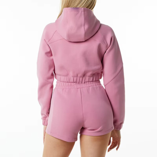 Women's Zip-Up Jacket And High-Waist Shorts Set | Pink Pocket Zip Jacket + Sweat Shorts | OEM/ODM Private Label Manufacturer