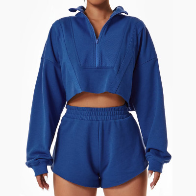Women's Crop Top Hoodie And Shorts Sweatsuit Set | Oversized Tech Fleece Tracksuit | OEM/ODM Private Label Manufacturer