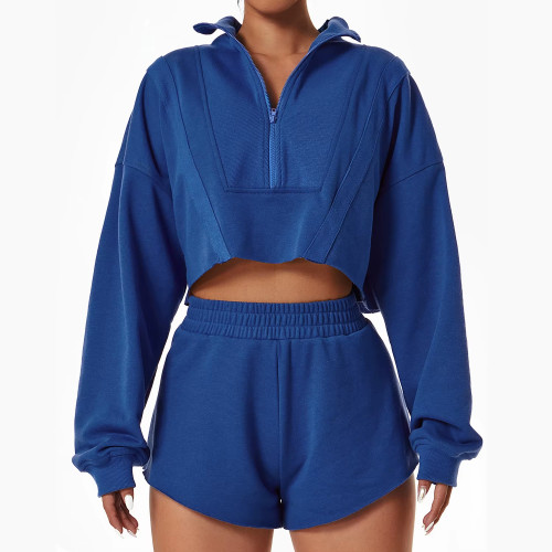 Women's Crop Top Hoodie And Shorts Sweatsuit Set | Oversized Tech Fleece Tracksuit | OEM/ODM Private Label Manufacturer